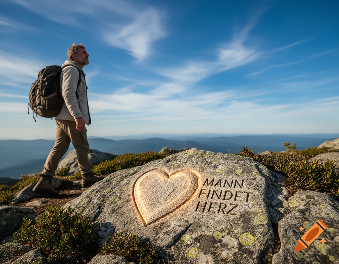 A man with a backpack hikes on a mountain peak, past a rock with a carved glowing heart and the text 'MANN FINDET HERZ'. Photorealistic.