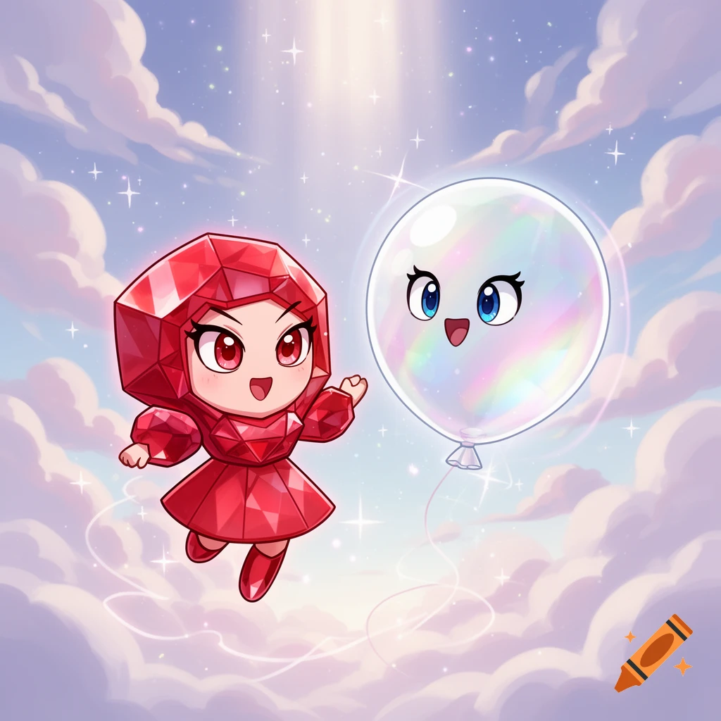 Cute cartoon red ruby character and an iridescent balloon with a face float in a cloudy, starry sky.