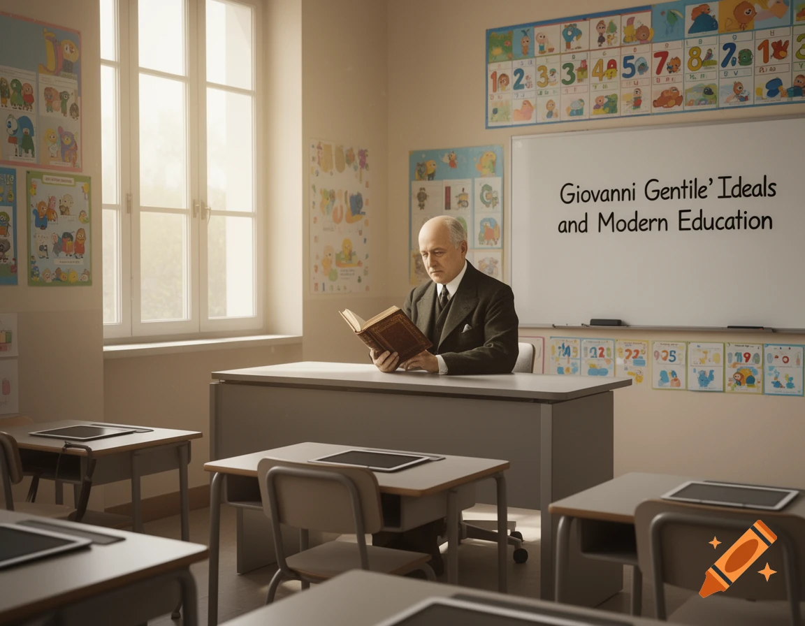 A serious man in a dark suit reads a book at a teacher's desk in a sunlit classroom, with a whiteboard behind him displaying "Giovanni Gentile' Ideals and Modern Education".