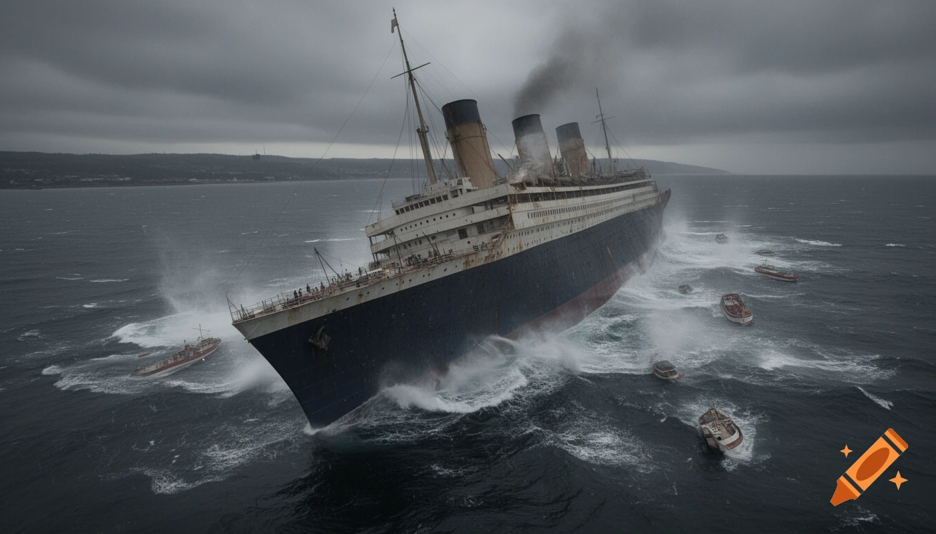 A hyperrealistic view of a large passenger liner sinking into stormy seas, with people in lifeboats nearby under a dark sky.
