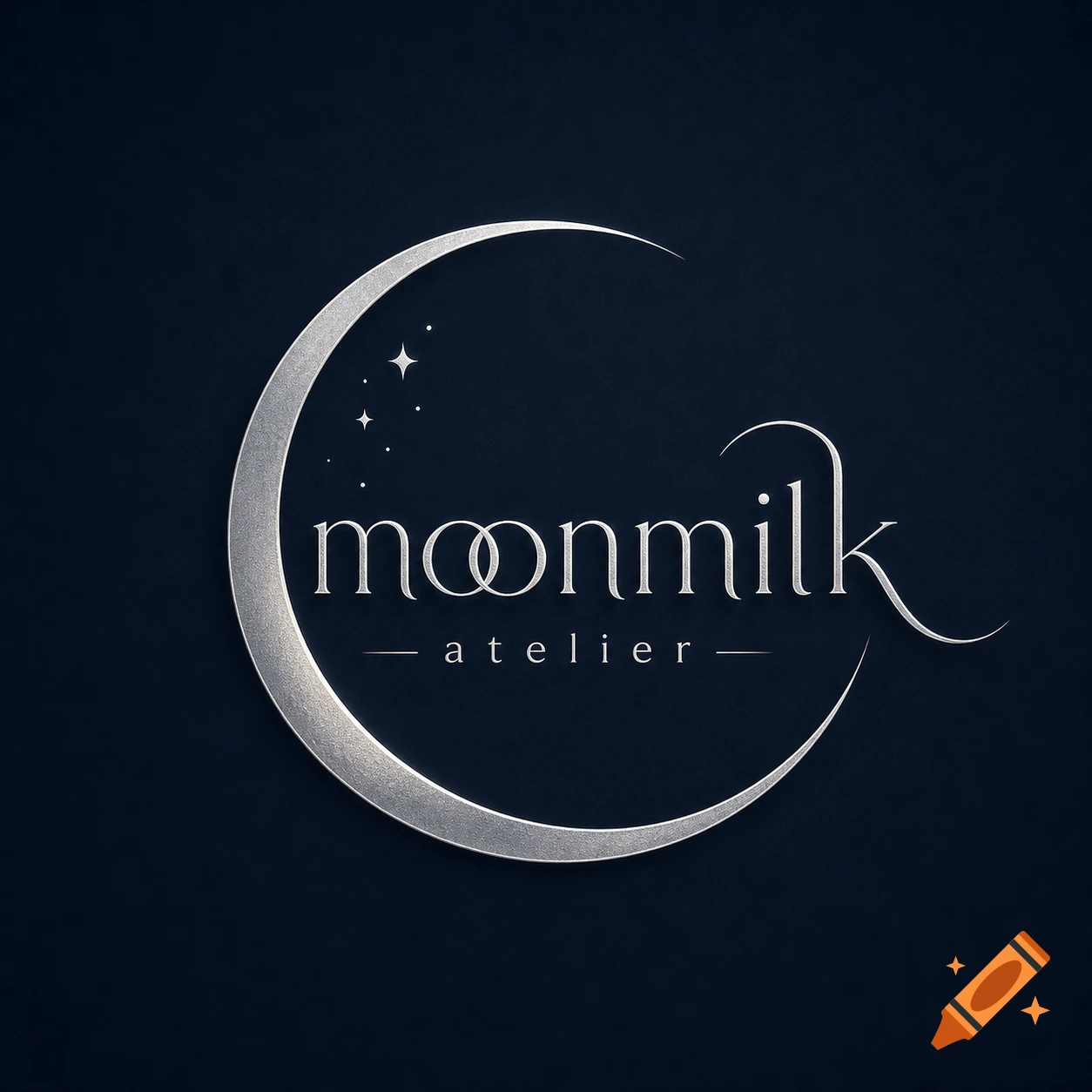 Elegant silver crescent moon logo with "moonmilk atelier" text and stars on a dark blue background.