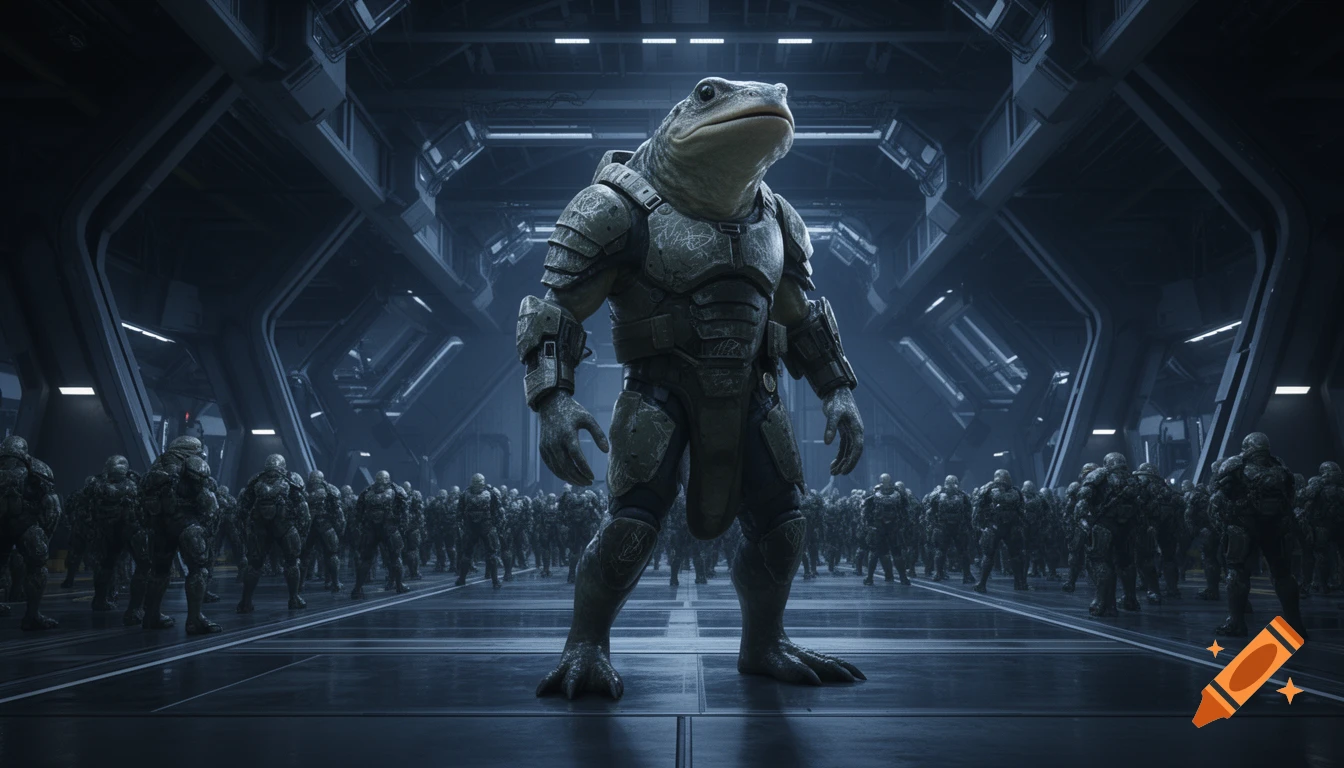 A large, frog-like alien soldier in worn military armor stands at attention in a dark futuristic hangar, surrounded by an army.