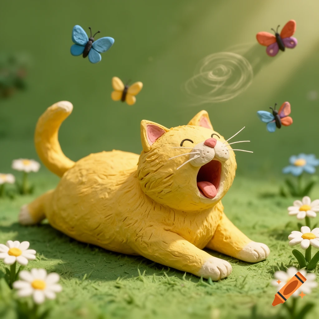 A claymation yellow cat lies in green grass, yawning and stretching amidst colorful butterflies and white daisies.