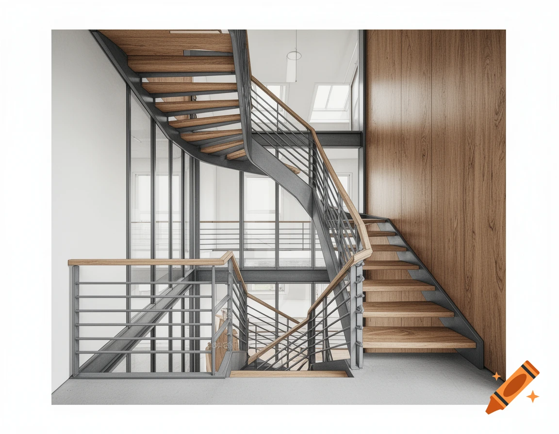 Modern, quarter-turned staircase with oak wooden steps, steel railings, and glass elements in a bright, wood-paneled interior.