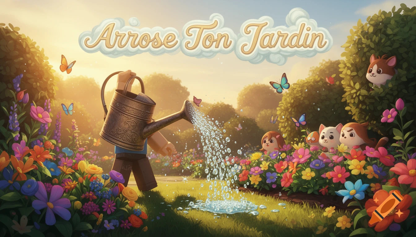 A blocky cartoon character waters a vibrant garden with colorful flowers, butterflies, and cute animal faces. Text: Arrose Ton Jardin.