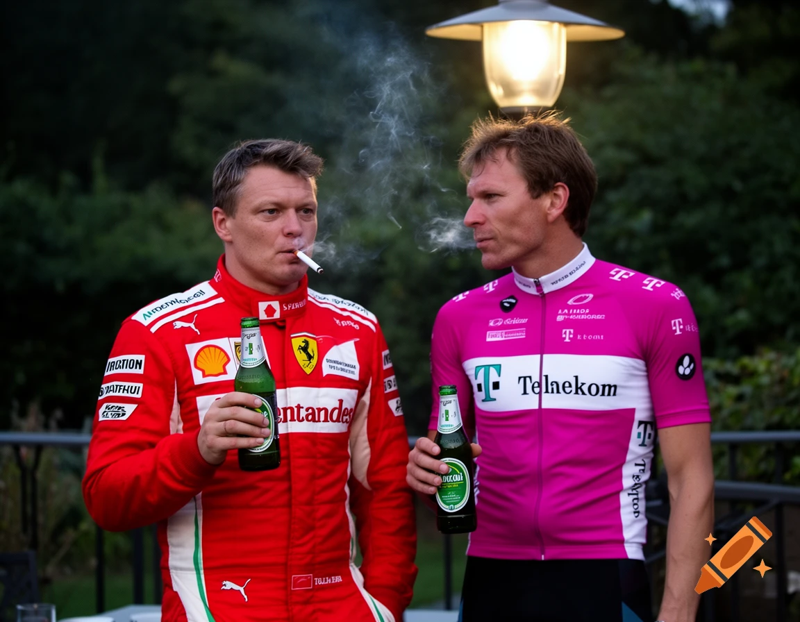 Two men, Kimi Räikkönen in a red Ferrari racing suit and Jan Ullrich in a pink Telekom cycling jersey, holding beer bottles and smoking cigarettes outdoors.