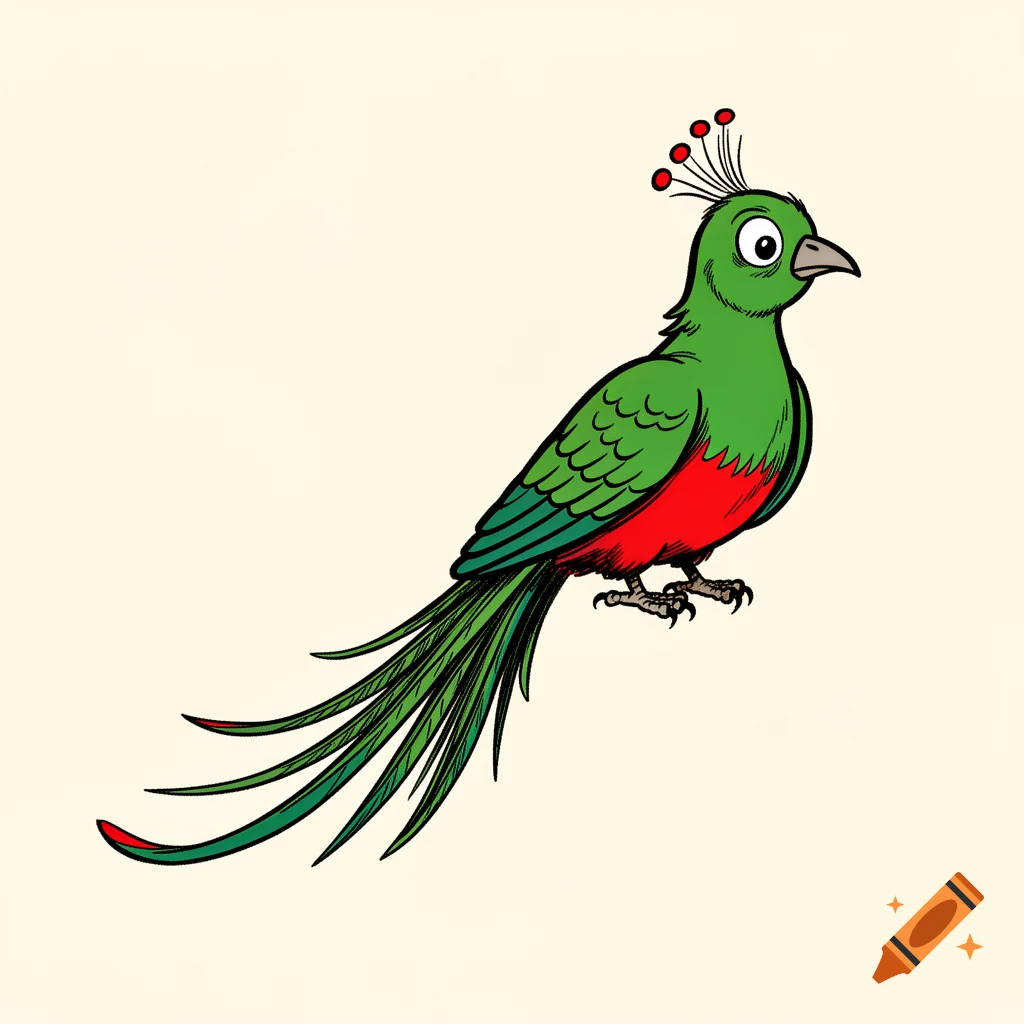 A cartoon Quetzal bird with green feathers, a red chest, a long tail, and a small red crest, in a comic style.