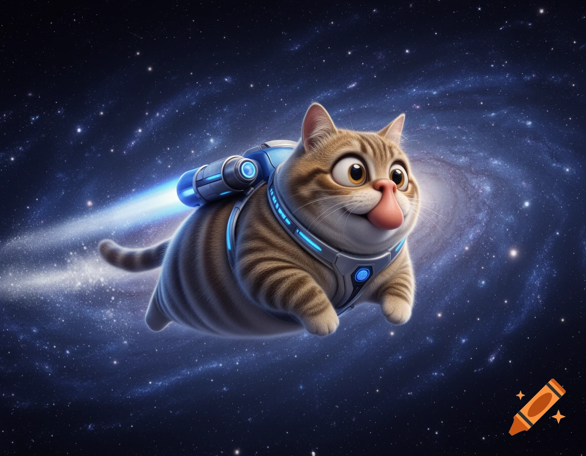 A cartoon tabby cat with large eyes and a pink tongue sticking out, wearing a blue jetpack, flies through a starry galaxy.
