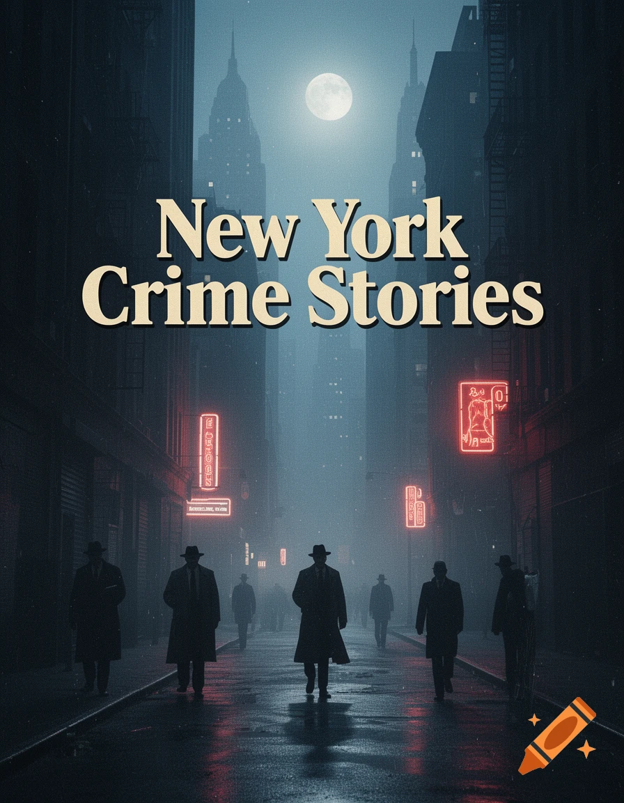 A dark, foggy noir city street with men in trench coats, tall buildings under a full moon, and neon signs. Text: 'New York Crime Stories'.