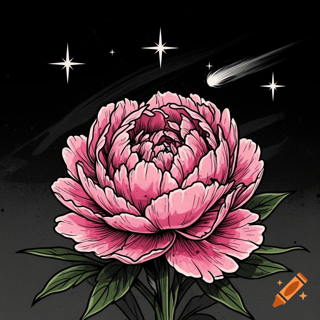 A pink peony flower in trash Polka tattoo style against a dark, starry night sky with a white shooting star.