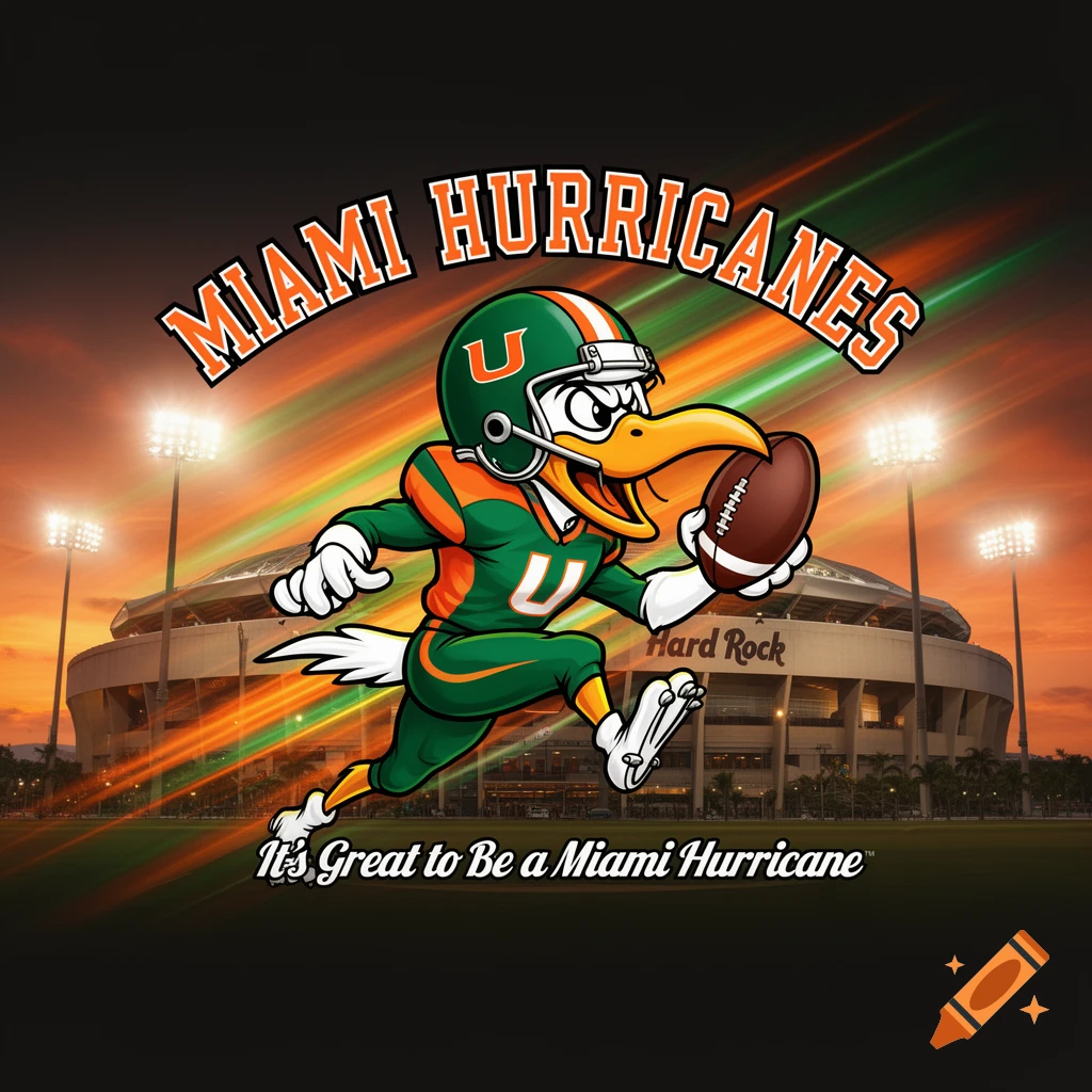 Cartoon Miami Hurricanes duck mascot in a football uniform running with a football in front of Hard Rock Stadium at sunset.