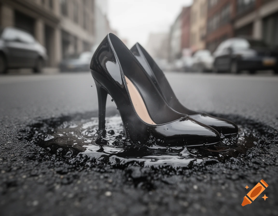 Photorealistic image of shiny black high heels sinking into wet asphalt on a city street, with blurred city background.