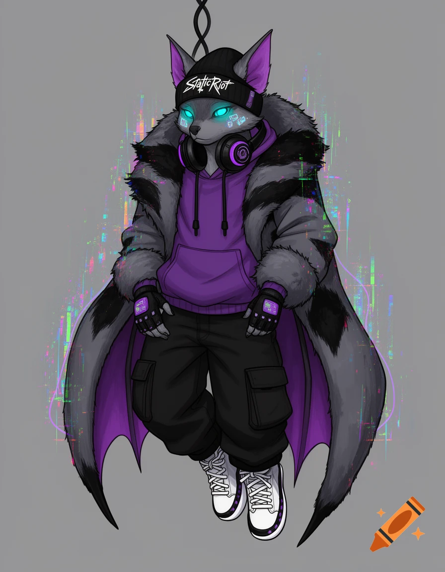 A dark grey furry character with purple accents, wearing a purple hoodie, cargo pants, beanie, headphones, and glowing cyan eyes with glitch effects.