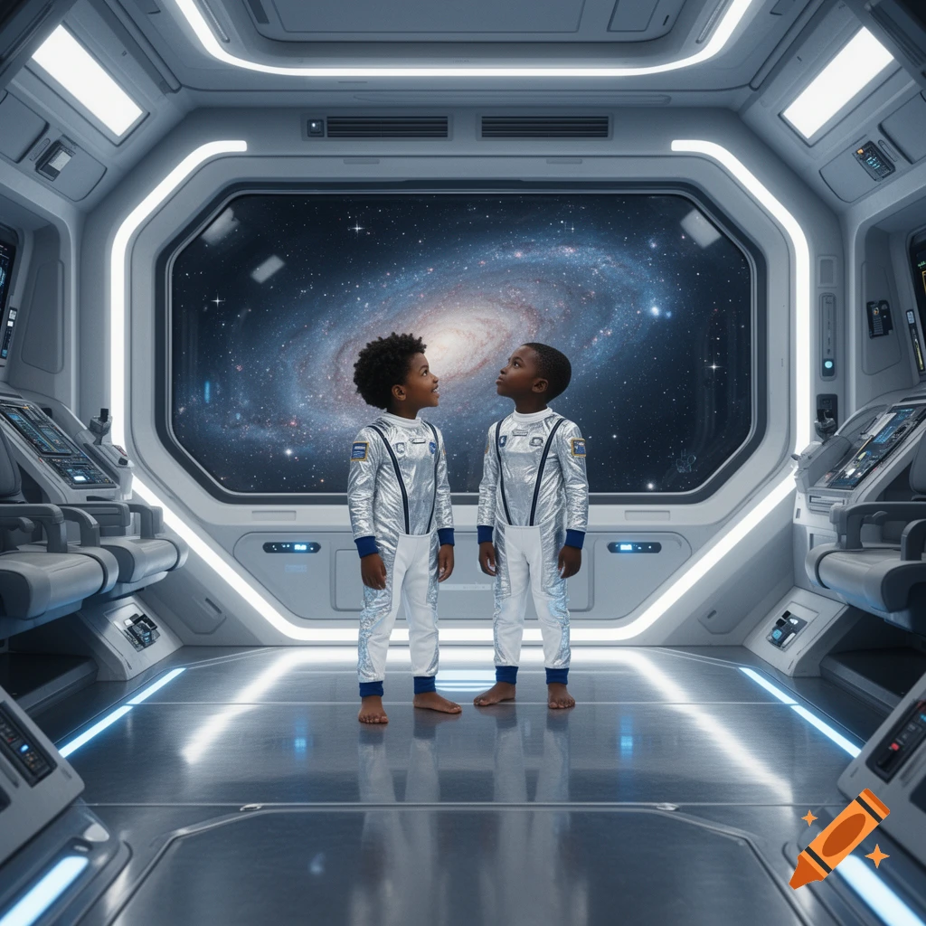 Two barefoot young boys in silver spacesuits stand in a futuristic spaceship cockpit, gazing at a swirling galaxy outside a large window.