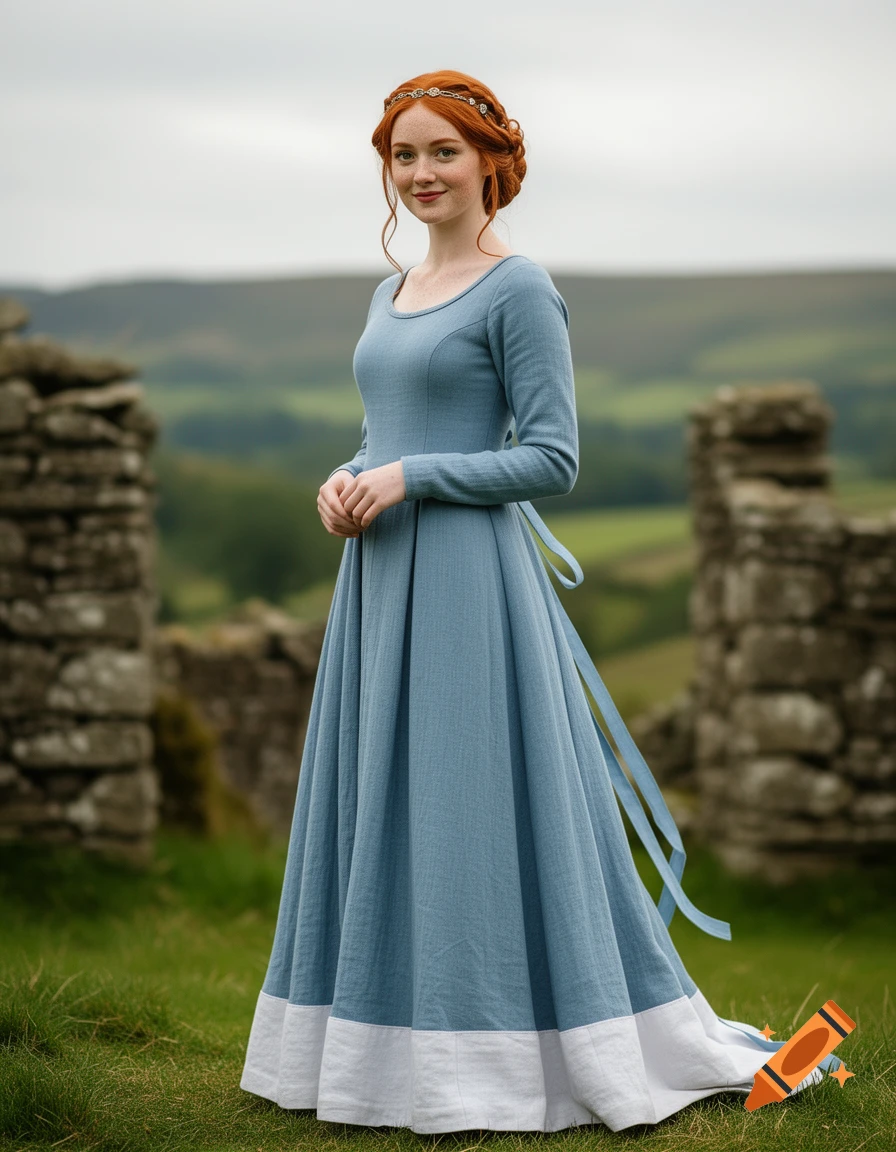 A smiling young woman with red hair in a blue medieval dress stands in a grassy field with stone ruins.