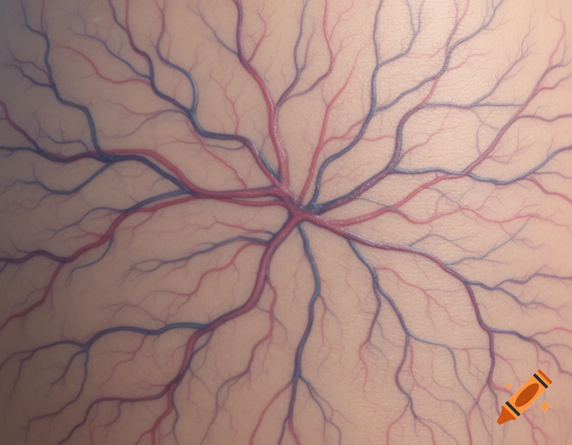 Close-up of a complex network of red arteries and blue veins on a light skin-like surface.