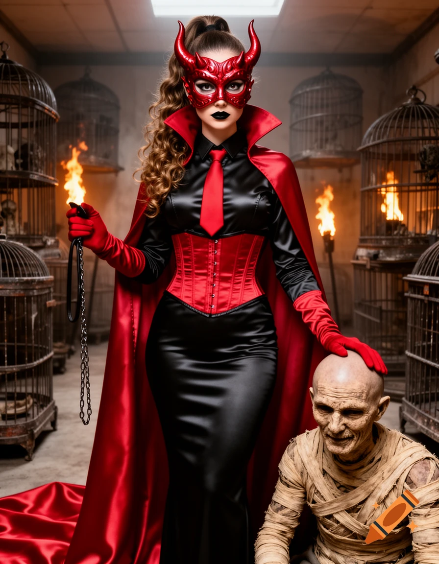 A woman in a red devil mask, black and red corset outfit, and long red cloak holds a leash while caressing the head of a mummified figure, set in a room with cages and torches.
