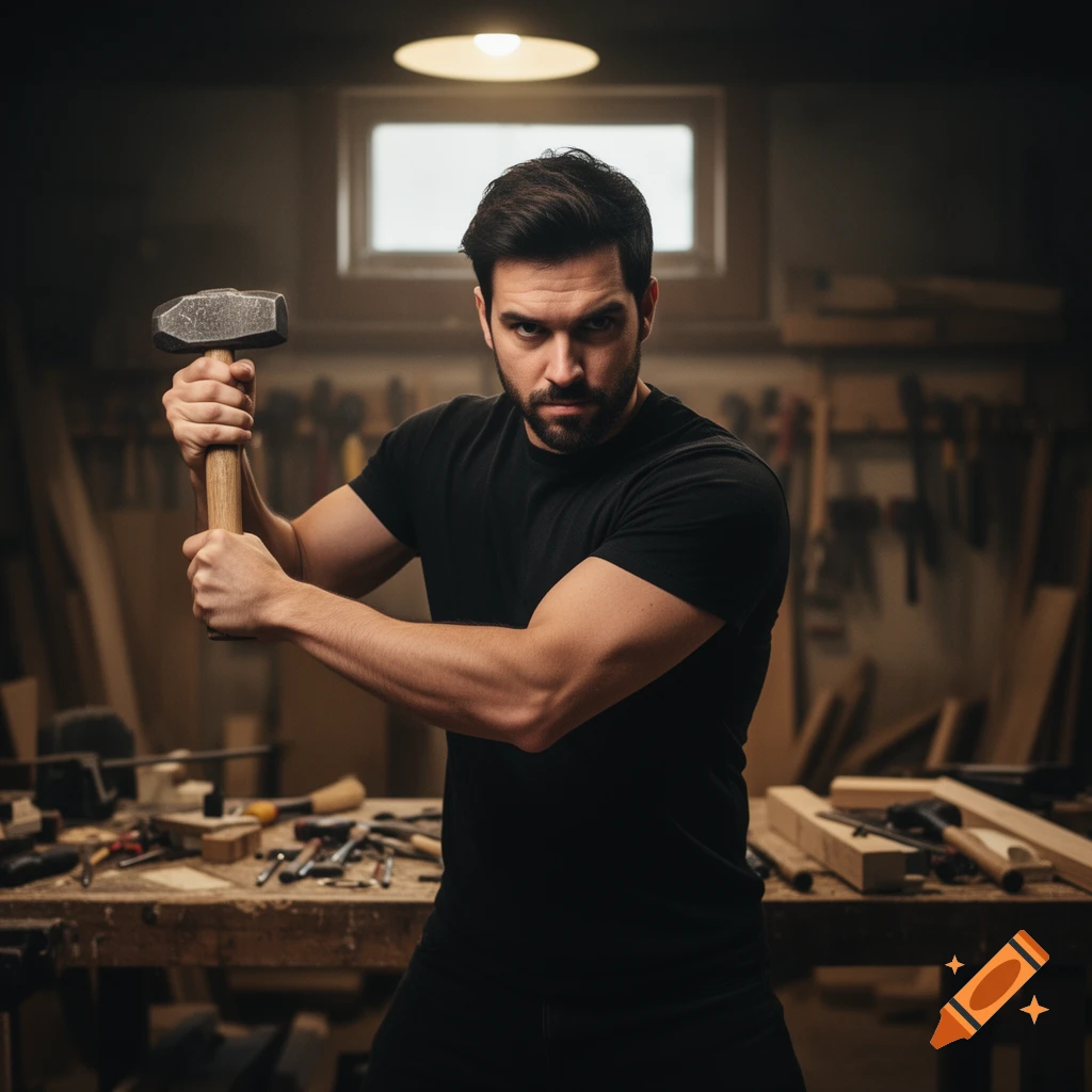 A photorealistic portrait of a man with a beard holding a sledgehammer in a dimly lit workshop, looking intensely at the viewer.