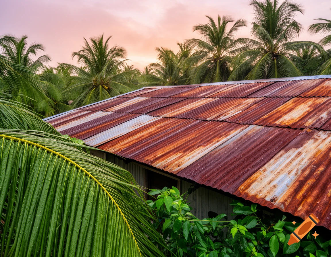 A close-up view of a rusty corrugated tin roof surrounded by vibrant green palm fronds under a pink sky.