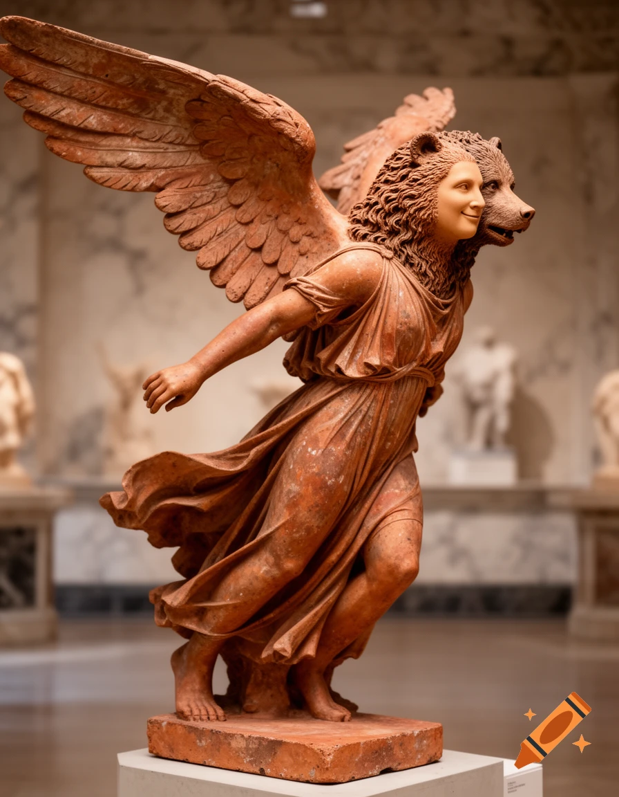 An ancient terracotta sculpture of a winged deity with a human face looking forward and a bear face looking backward.