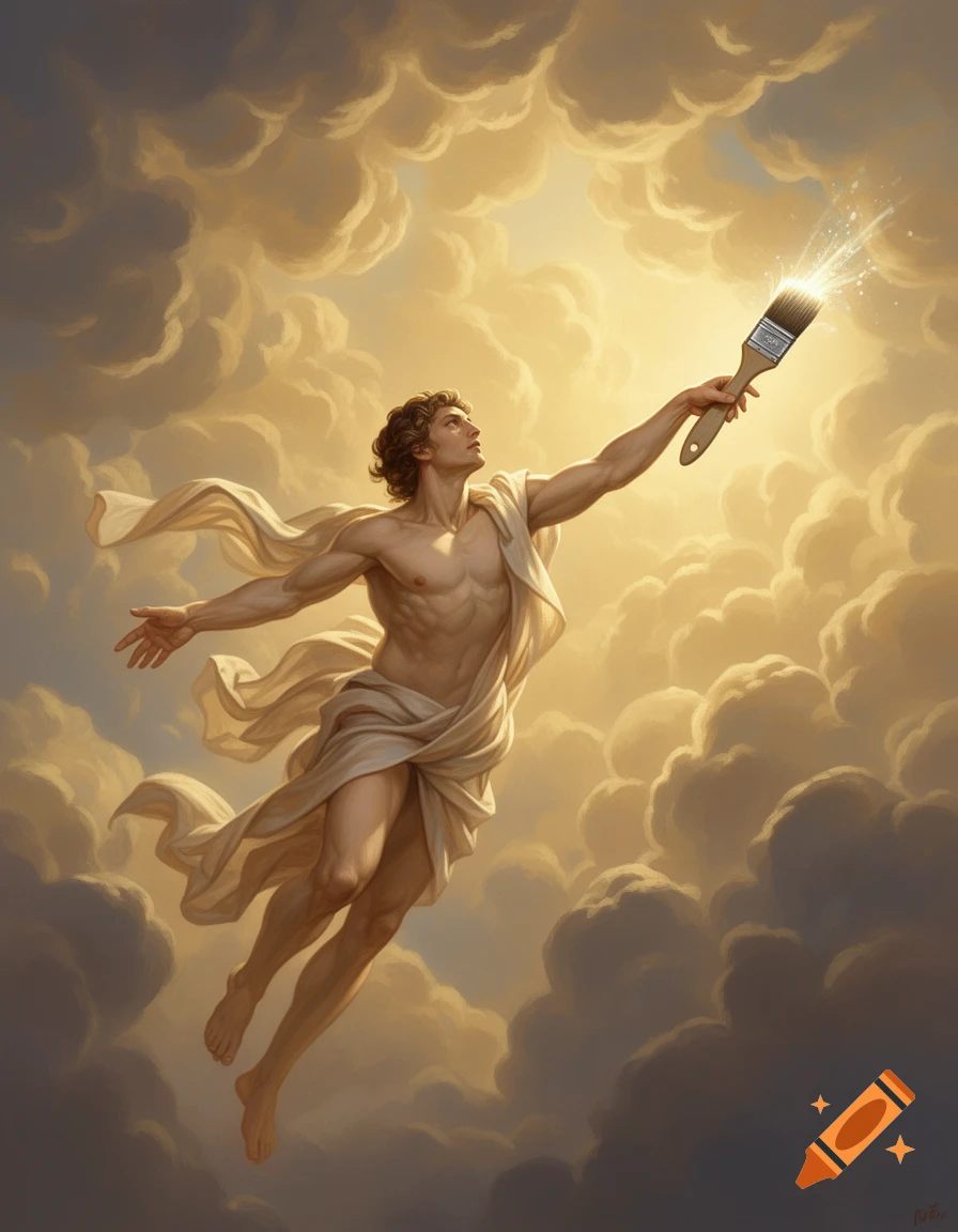 A muscular man in a flowing drape floats among golden clouds, holding a glowing paintbrush, rendered in a classical art style.