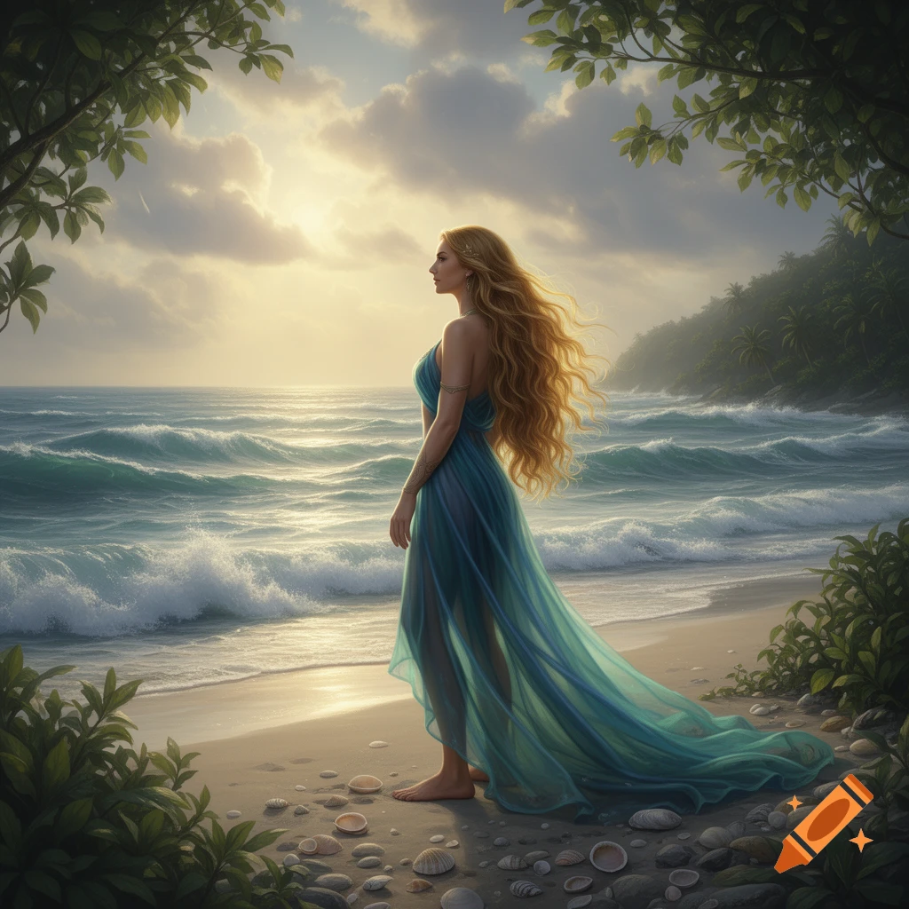 A long-haired woman in a flowing teal gown stands barefoot on a seashell-strewn beach, gazing at waves under a cloudy sunset.