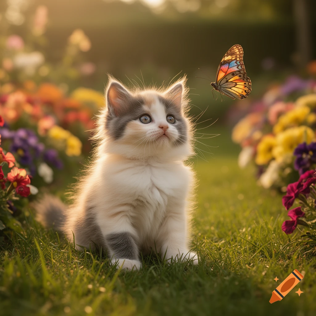 A fluffy calico kitten looks up at a colorful butterfly in a sunlit garden filled with vibrant flowers.