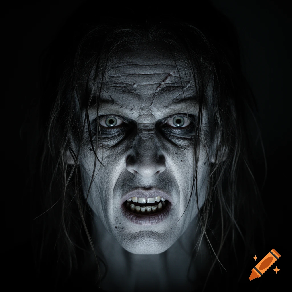 A close-up portrait of a pale, scary creature with wide eyes and a snarling mouth against a dark background.