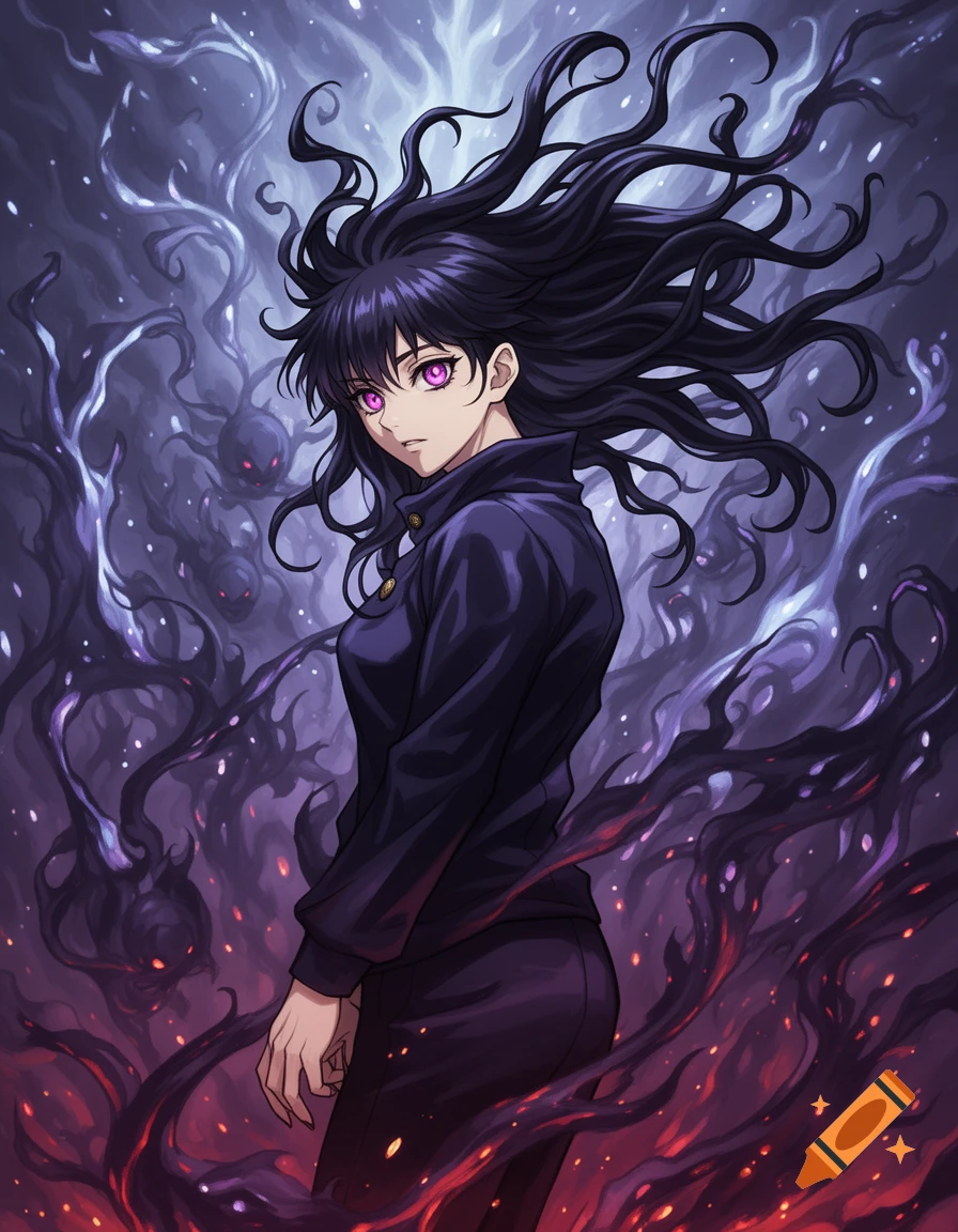 Anime illustration of a young woman with dark hair and glowing purple eyes, surrounded by swirling dark energy and red flames.