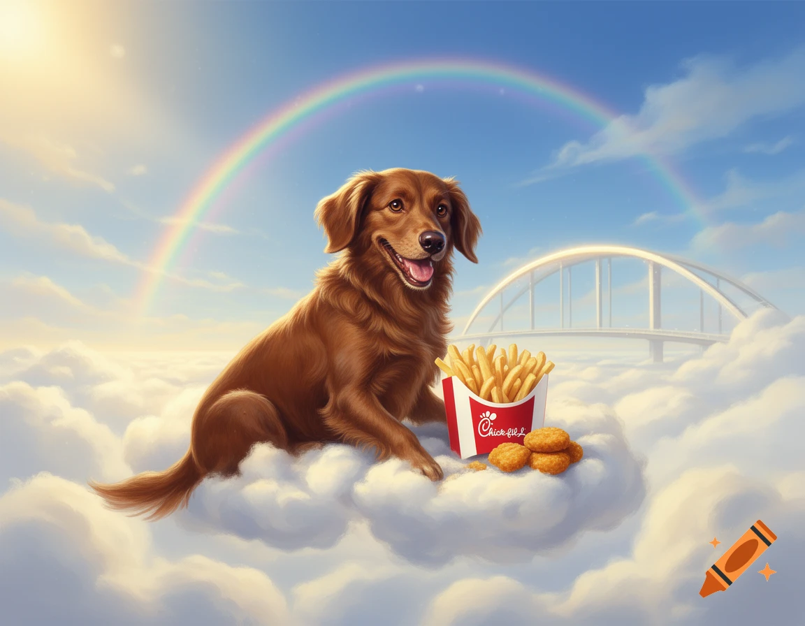 A happy brown dog sits on a fluffy white cloud with Chick-fil-A fries and chicken nuggets, under a rainbow bridge in a digital painting.