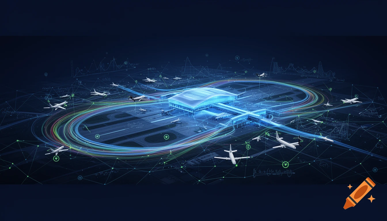 An illustration of a modern airport hub with airplanes and glowing lines representing air mobility routes, overlaid with a network visualization on a dark blue background.