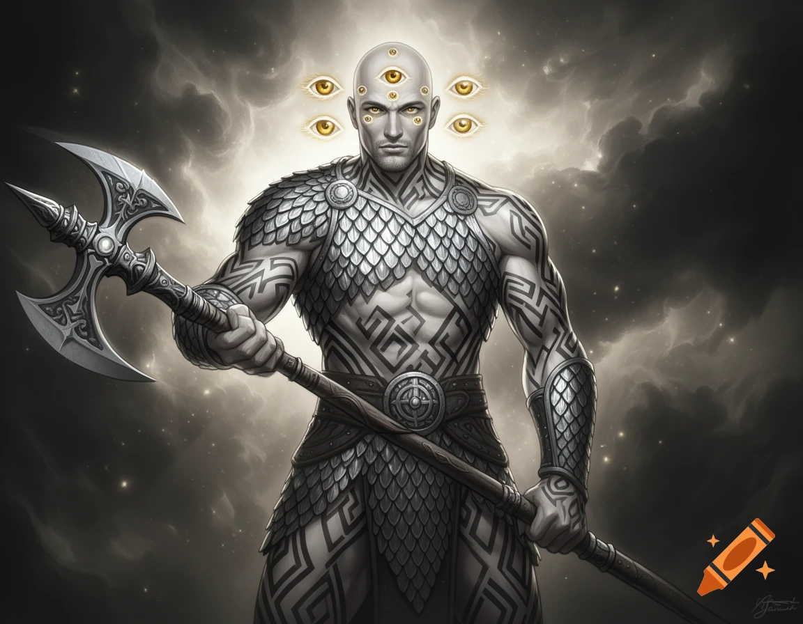 Muscular bald fantasy warrior with seven golden eyes and geometric tattoos, clad in scale mail, wielding a large axe against a cloudy sky.