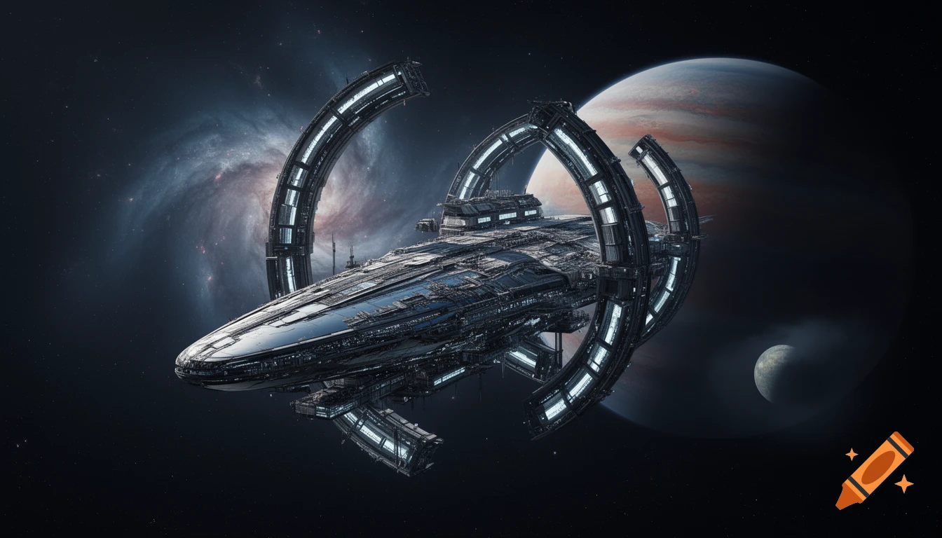 A highly detailed spaceship with large, glowing ring structures docked in orbit around a gas giant and a moon, with a distant nebula.