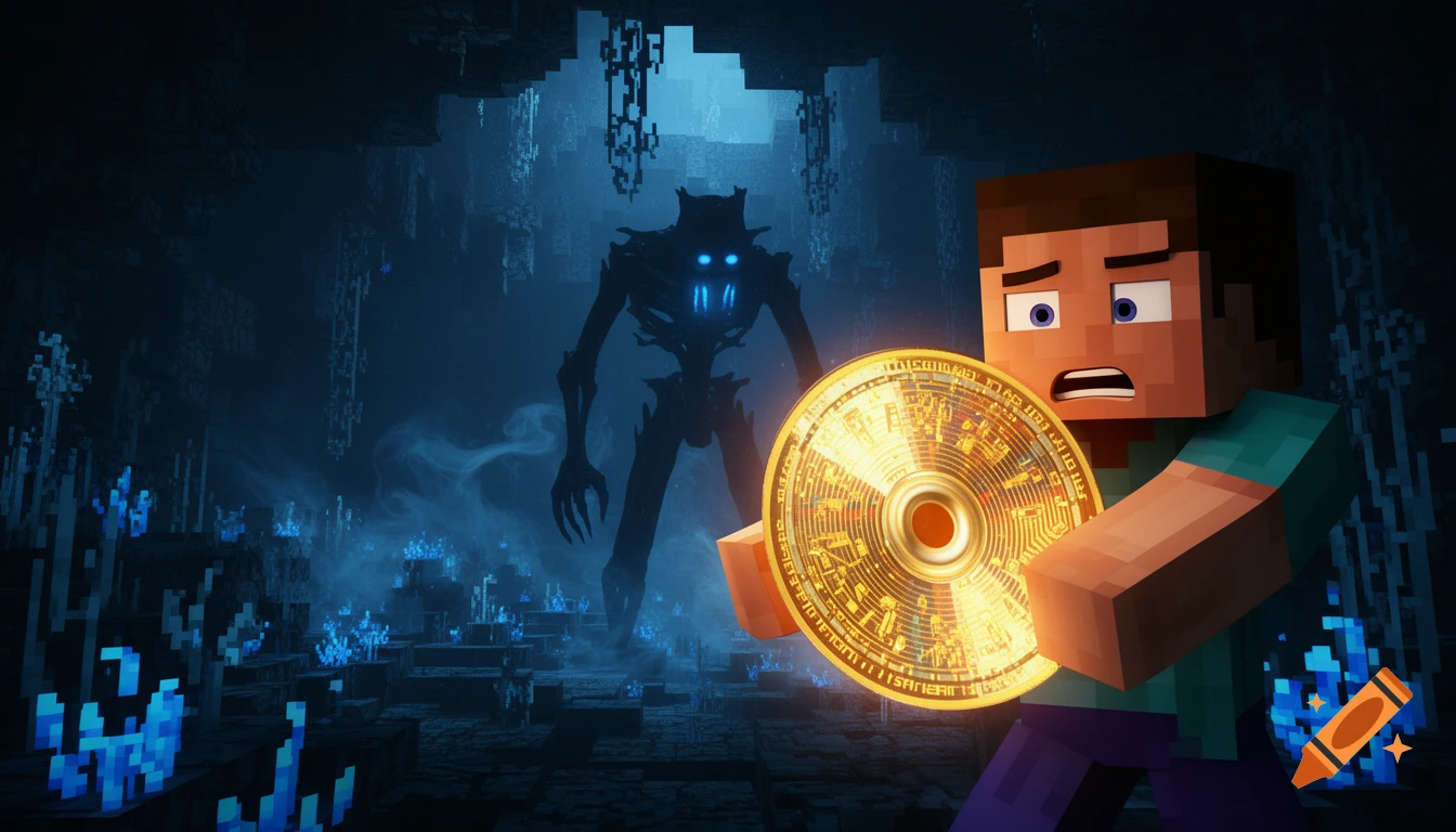 Minecraft's Steve holds a glowing music disc in a dark Ancient City while a Warden monster looms behind him in cinematic style.