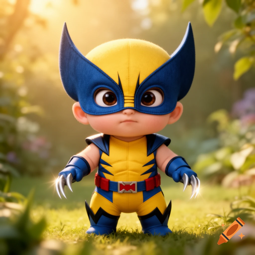 A cute, stylized baby Wolverine in his classic yellow and blue suit with claws, standing in a sunny grassy outdoor setting.
