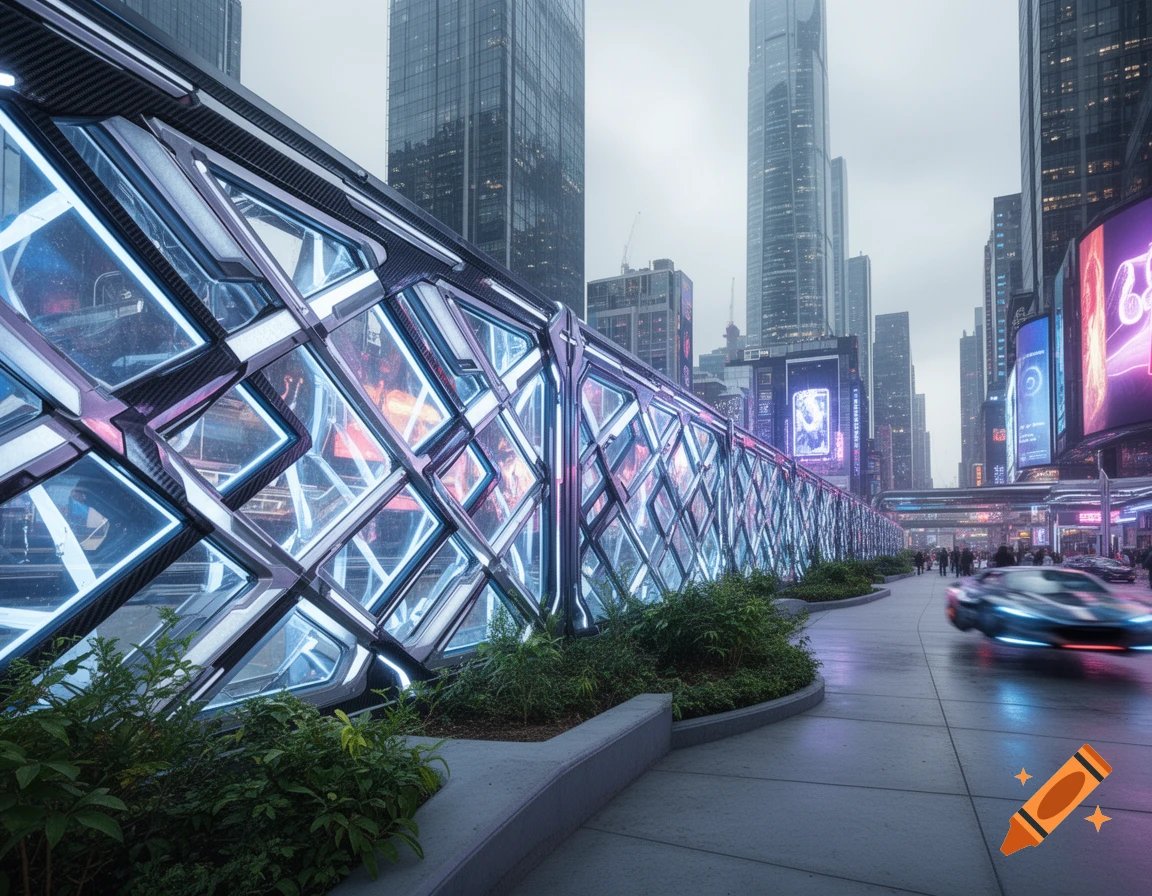 A sleek, futuristic urban scene with tall skyscrapers, a neon-lit geometric fence, and a motion-blurred car on a wet street.