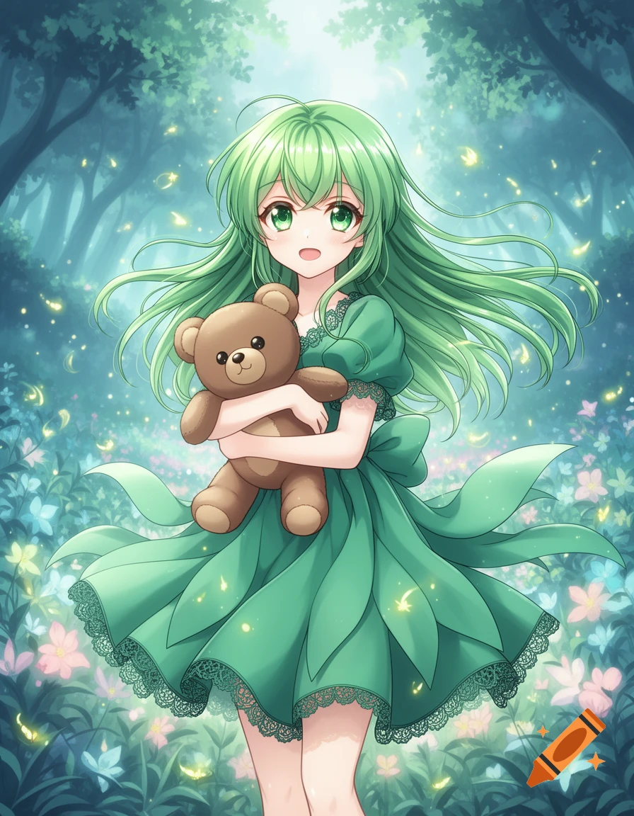 Anime girl with flowing green hair and a green dress, holding a teddy bear in a magical forest with glowing flowers.