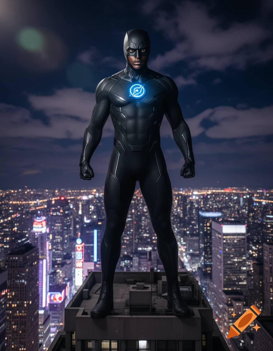 Photorealistic Black superhero in a dark suit with a glowing blue symbol, standing on a skyscraper overlooking a city at night.