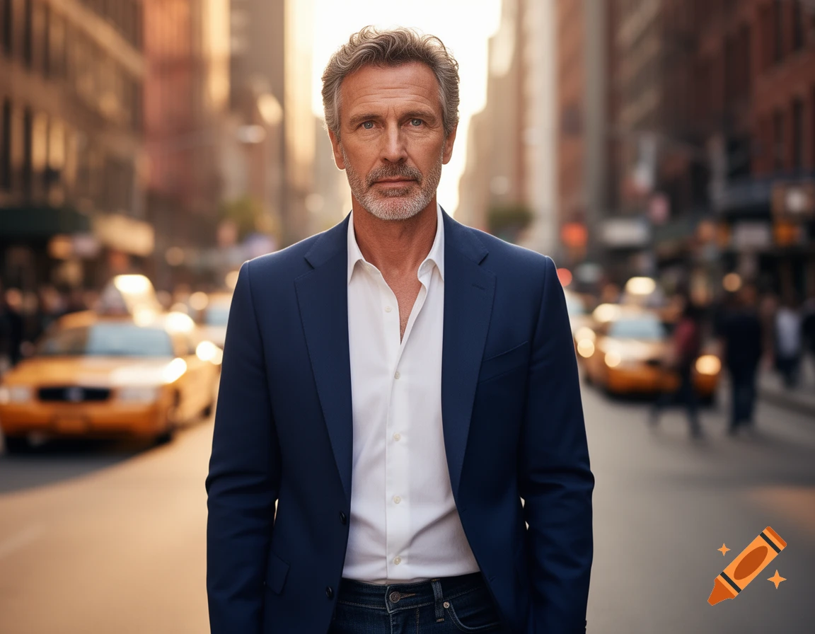 Photorealistic portrait of a middle-aged man with grey hair and beard, wearing a blue suit and white shirt, standing on a bustling city street.