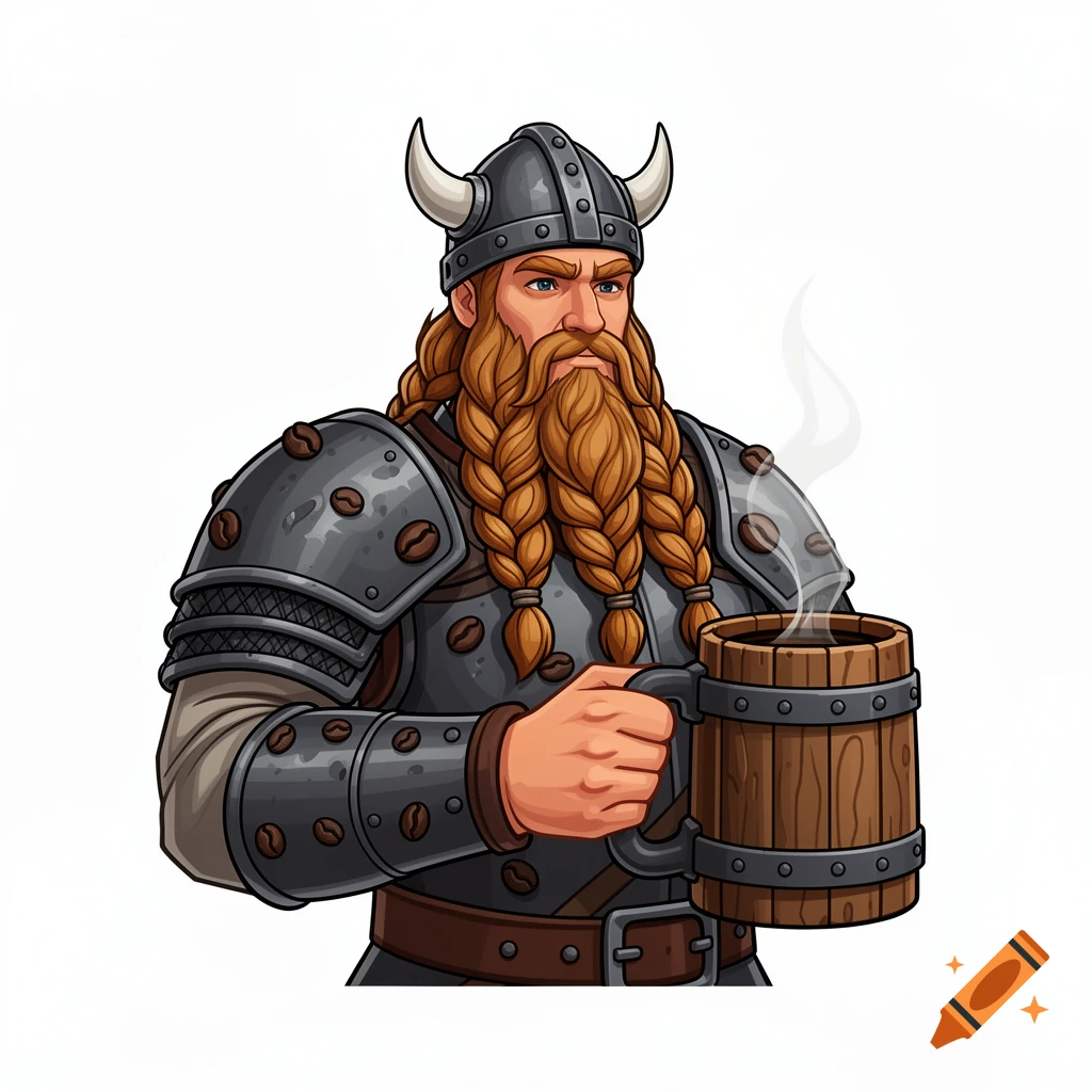 Stylized game art of a Viking commander with a braided beard, horned helmet, and coffee bean armor, holding a steaming wooden coffee mug.