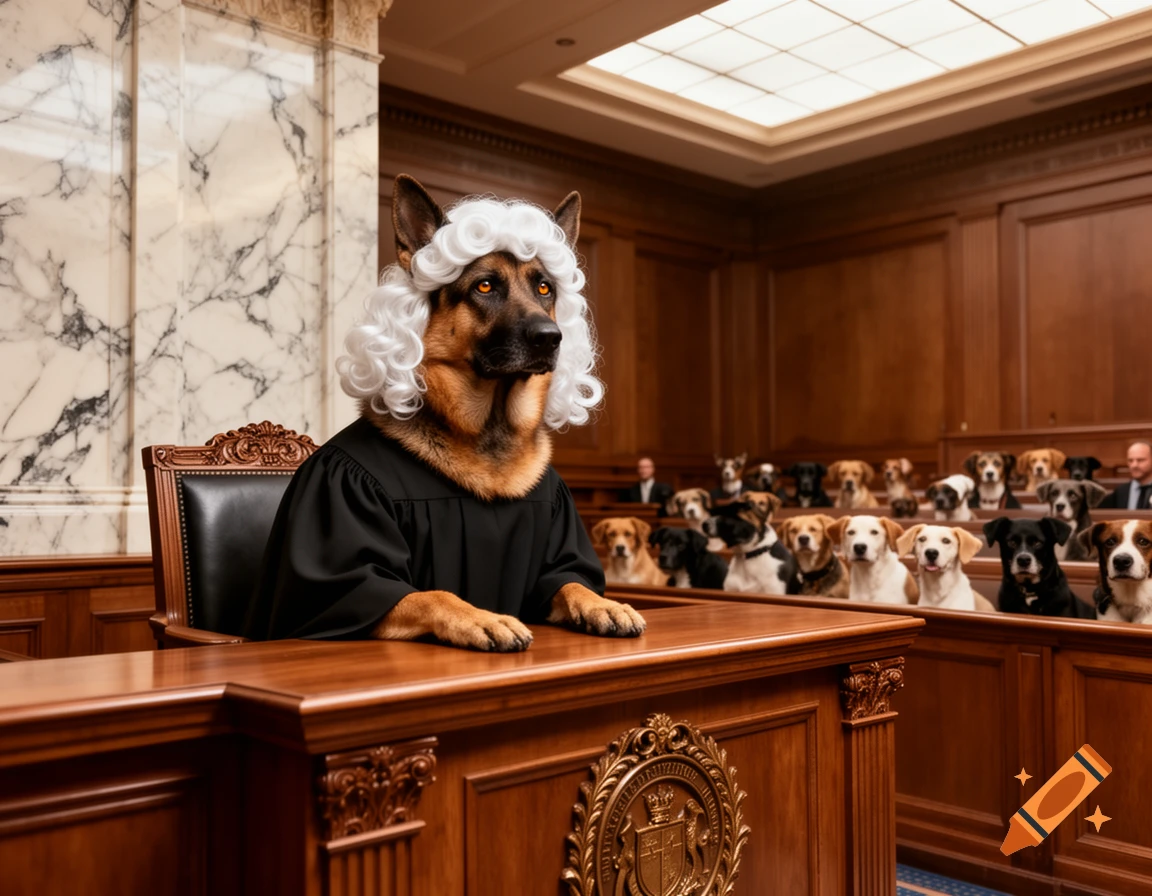 A German Shepherd judge wearing a white wig and black robe presides over a courtroom where various dogs serve as the jury.