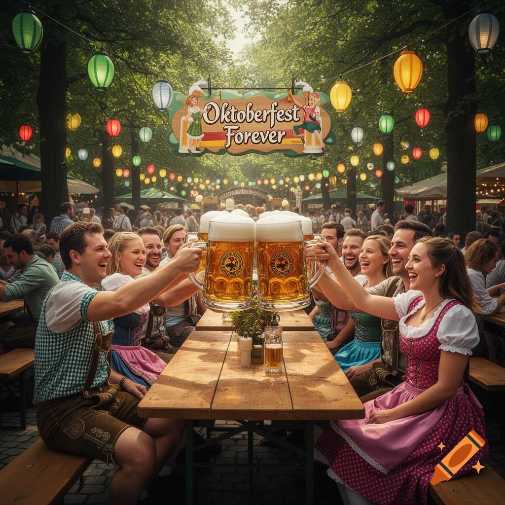 People in traditional German attire cheer with large beer steins at an outdoor Oktoberfest celebration under festive lanterns.