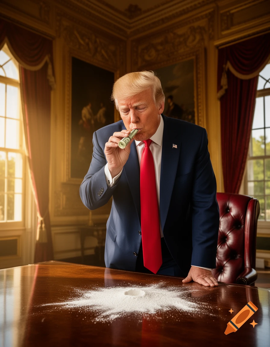 Donald Trump in a suit and red tie, appearing to snort a pile of white powder from a wooden table using a rolled dollar bill in a grand room.