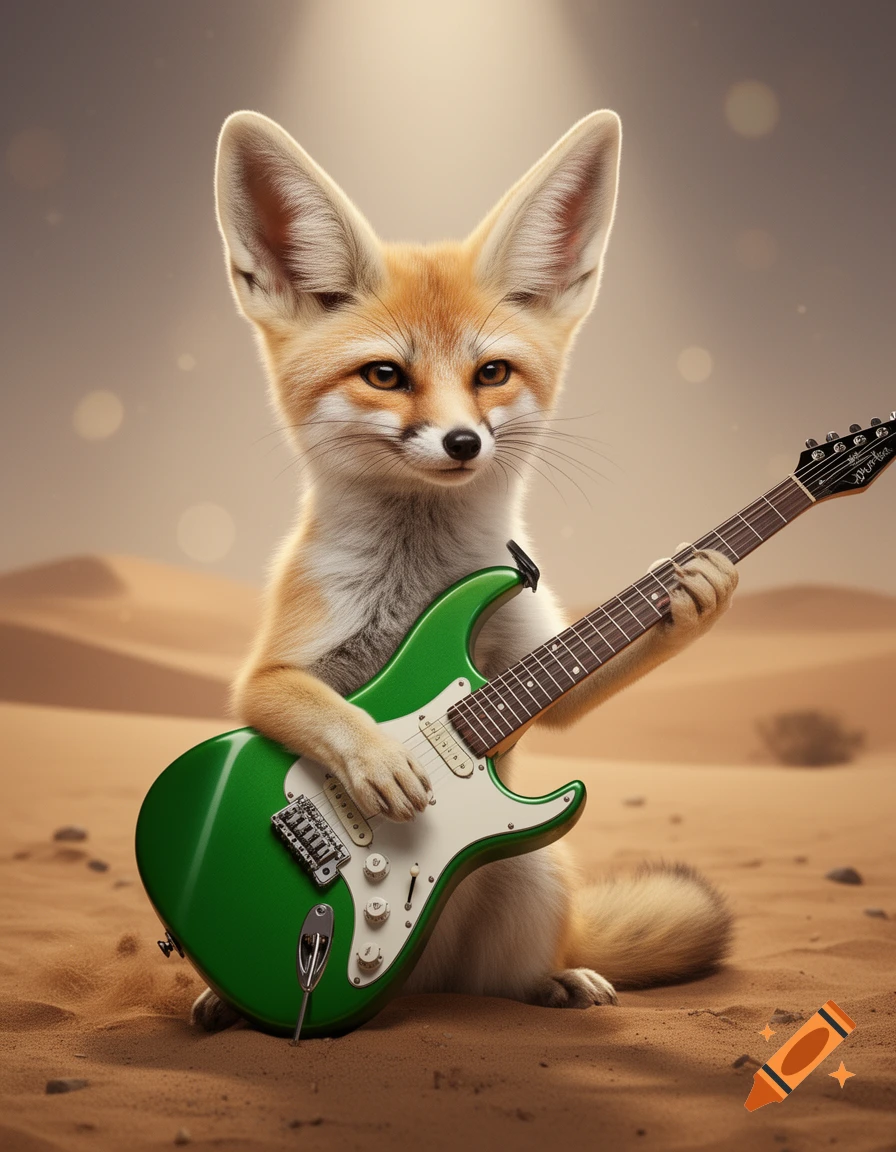 A photorealistic fennec fox sits in a desert playing a bright green electric guitar under a soft spotlight.