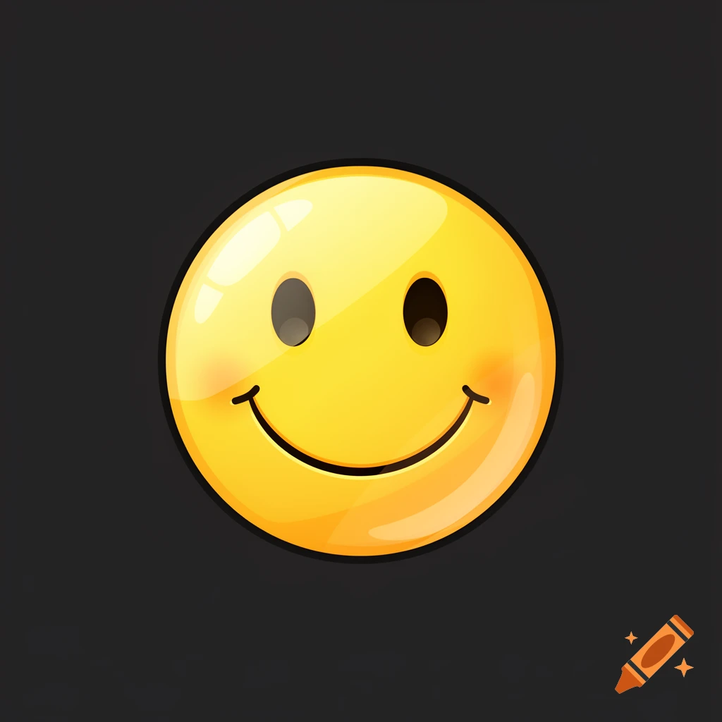 A shiny yellow smiley face with oval eyes and a curved smile on a dark grey background.