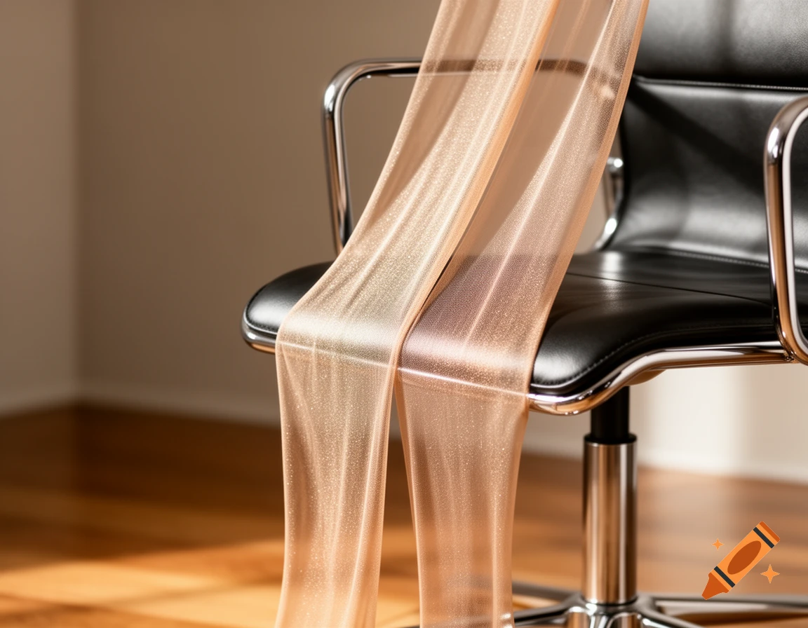 Sheer, sparkling nude-colored pantyhose draped over a black leather office chair in a sunlit room.