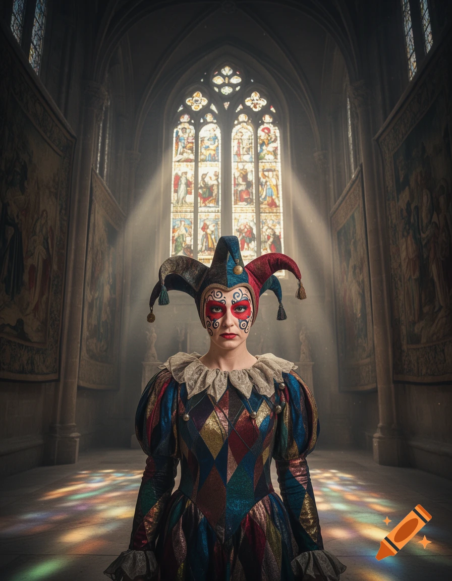 A woman in a colorful harlequin jester costume and red and black face paint stands in a grand, sunlit cathedral with stained glass windows.