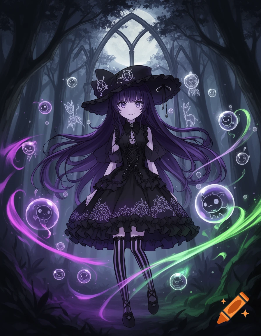 Anime girl with long purple hair, wearing a black gothic dress and witch hat, standing in a dark, magical forest with glowing purple and green bubbles.