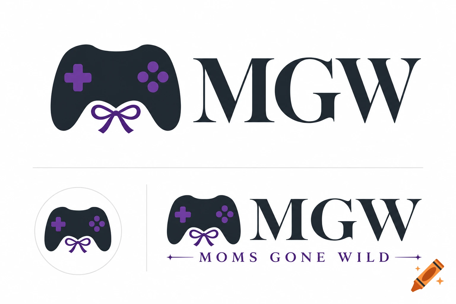 A logo featuring a dark game controller with purple accents and a bow, with the text MGW and Moms Gone Wild.