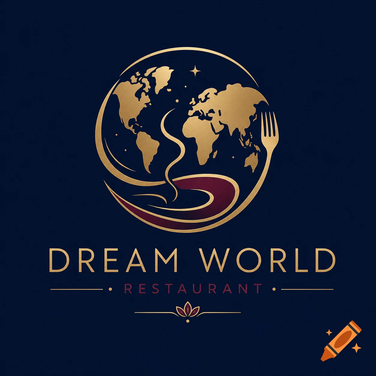 Gold and dark red 'Dream World Restaurant' logo on a dark blue background, featuring a golden world map, a fork, and a stylized plate.